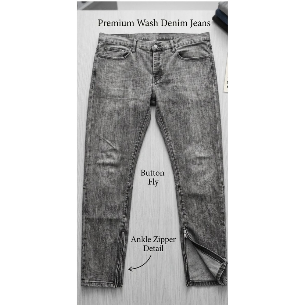 Mnml Mens Grunge Grey Premium Wash Denim Ankle Zipper Button Fly Jeans Size 38